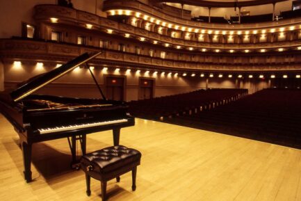 a piano in a concert hall